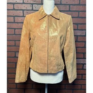 Mythologie Genuine Leather Cropped Zip Up Collared Jacket Gold Shimmer Wmns 6